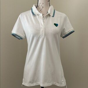 Tory Sport White Polo Shirt with Green & Blue Heart Accent
